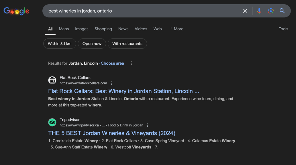 Flat Rock Cellars SEO results in Niagara