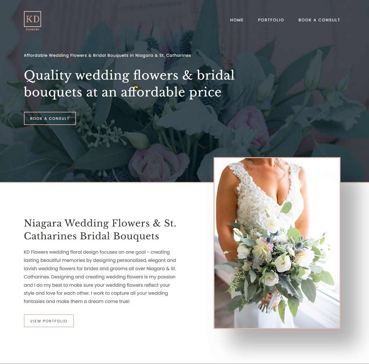 KD Flowers website for a boutique wedding florist in the Niagara Region